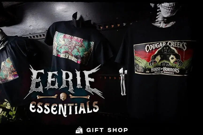 Eerie Essentials gift shop T-shirts on display