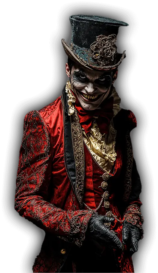 Sinister ringmaster portrait in red brocade suit
