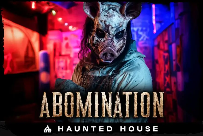Pig-mask monster from “Abomination” haunted house