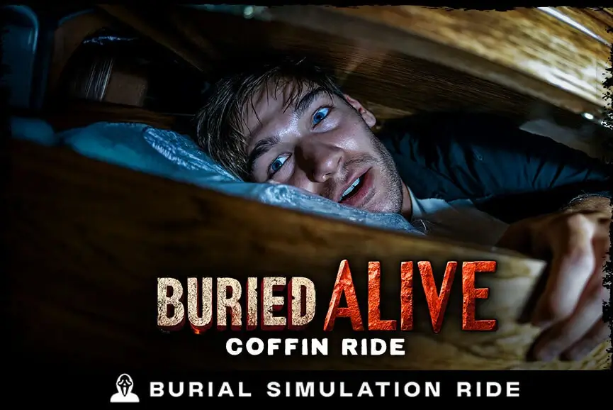 Guest inside Buried Alive coffin ride simulator