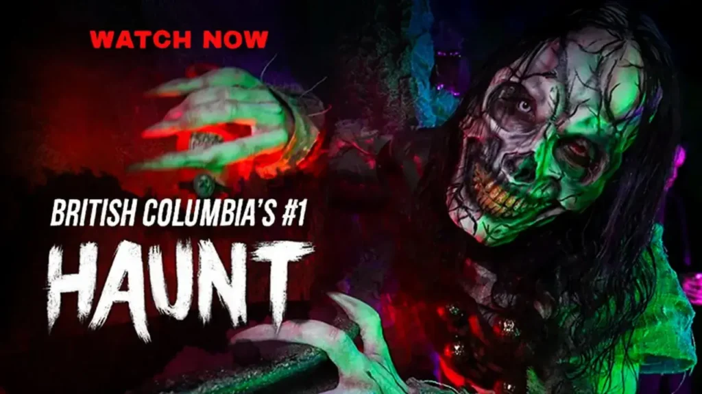 Close-up of a snarling monster inviting you to watch the 30-second trailer for Cougar Creek's House of Horrors, voted BC’s #1 Halloween event