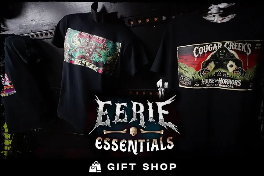 Eerie Essentials gift shop T-shirts on display