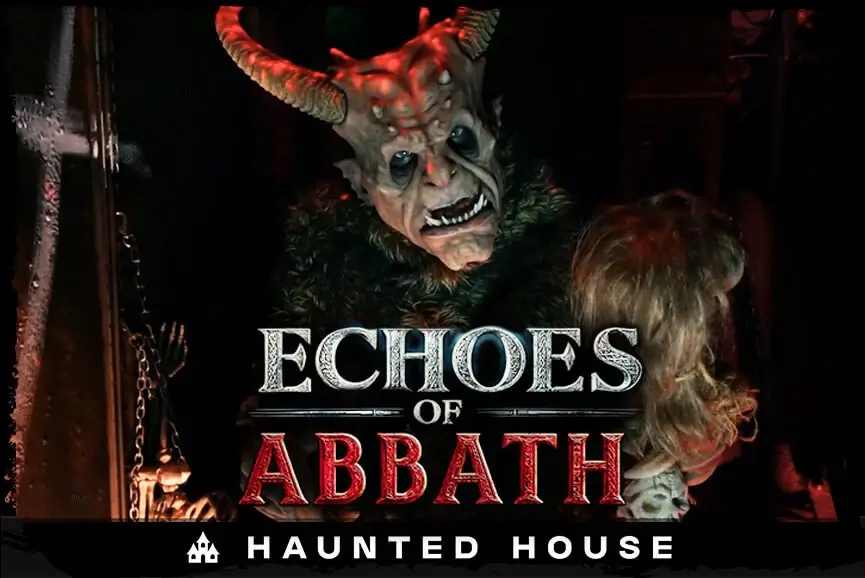 Horned demon promoting “Echoes of Abbath” haunted house
